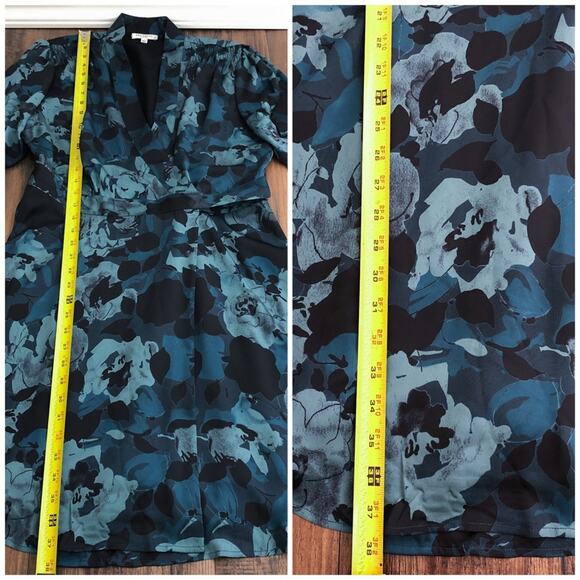 Equipment Floral Wrap Effect Dress V Neck Long Bishop Sleeves Size 10 Green Blue - Picture 15 of 16